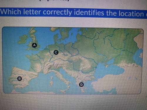 Which letter correctly identifies the location of the United Kingdom on the map?