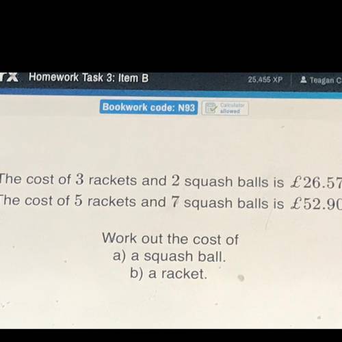 The cost of 3 rackets and 2 squash balls is £26.57.

The cost of 5 rackets and 7 squash balls is £