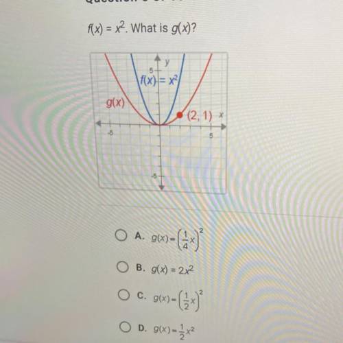 F(x) = x2. What is g(x)?

5-
f(x) = x
g(x)
(2, 1)
A. g(x)-
B. g(x) = 2x2
O C. 96)-(
D. g(x)=2x2