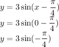 \displaystyle \large{y = 3 \sin(x -  \frac{\pi}{4} ) } \\  \displaystyle \large{y = 3 \sin(0 -  \frac{\pi}{4} ) } \\  \displaystyle \large{y = 3 \sin( - \frac{\pi}{4} ) }