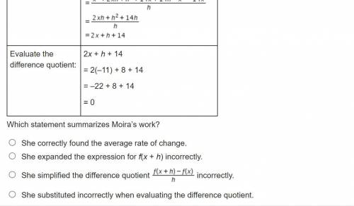 PLEASE HELP THIS IS TIMED WILL GIVE BRAINLIEST

Moira uses a difference quotient to determine the