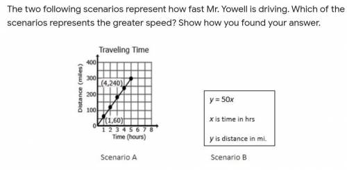 The two following scenarios represent how fast Mr. Yowell is driving. Which of the scenarios repres