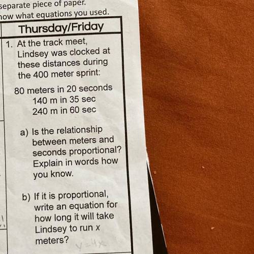 1. At the track meet,

Lindsey was clocked at
these distances during
the 400 meter sprint:
80 mete