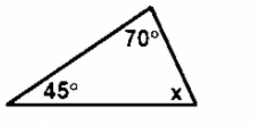 Find the value of the missing angle in the following triangle. x = __________ degrees.