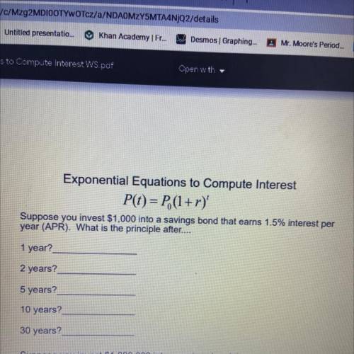 Exponential Equations to Compute Interest

P(t) = P.(1+r)'
Suppose you invest $1,000 into a saving