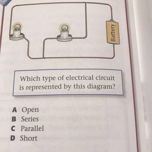 Battery

Which type of electrical circuit
is represented by this diagram?
A Open
B Series
C Parall