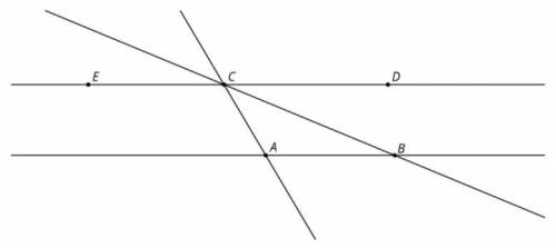 In this diagram, lines ab and cd are parallel. angle abc measures 35∘and angles bac measures 115∘