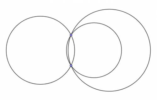 Three circles can intersect in?

two points
three line segme
segments
four triangles
one arc