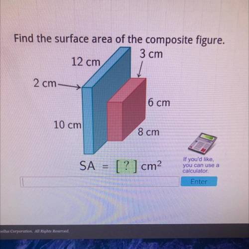 Find the surface area of the composite figure.

3 cm
12 cm
2 cm
6 cm
10 cm
8 cm
SA = [ ? ] cm
If y