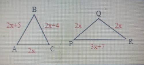 The perimeters of the triangles shown are equal. Find the side lengths of each triangle.

AB = PQ=