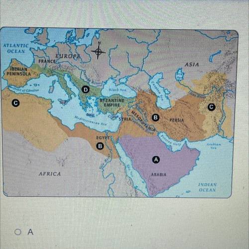 Which letter shows how far Islam had spread by 732, a century after Muhammad's death?

ATLANTIC
OC
