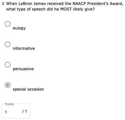 When LeBron James received the NAACP President’s Award, what type of speech did he MOST likely give