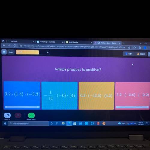 Which product is positive?

1
3.2. (1.4). (-3.3)
-(-6). (4) 0.2 · (–12.5) · (4.2) 5.2.(-3.6) · (–2