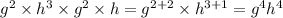 {g}^{2}  \times  {h}^{3}  \times  {g}^{2}  \times h =  {g}^{2 + 2}  \times  {h}^{3 + 1}  =  {g}^{4}  {h}^{4}