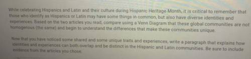Hey!! I need help asap, I am having trouble completing the venn diagram to show that Hispanic and L