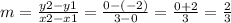 m = \frac{y2 - y1}{x2 - x1} =  \frac{0 - (-2)}{3-0} =  \frac{0 + 2 }{3}  = \frac{2}{3}