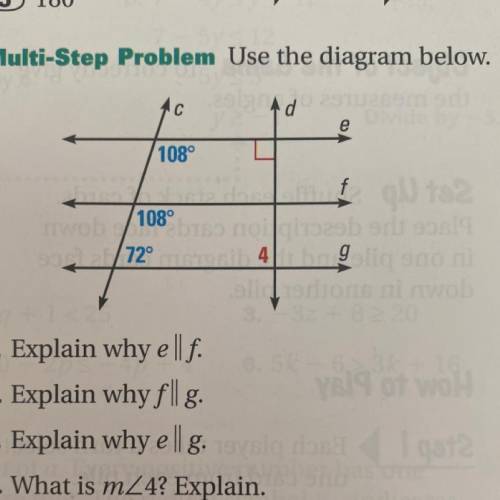 Use the diagram

a. Explain why e || f 
b. Explain why f || g 
c. Explain why e || g
d. What is th