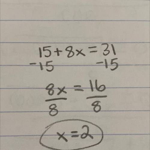 Solve this equation 15+8x=31