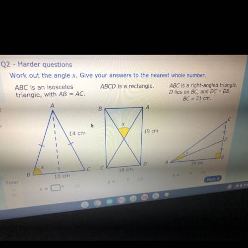 Ons

Work out the angle x, Give your answers to the nearest whole number,
ABC is an isosceles
ABCD