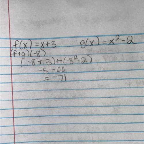 Evaluate the function for 
f(x) = x + 3 and g(x) = x^2 − 2.
(f + g)(−8) =