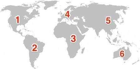 Which continent is pictured in the map as number 3?