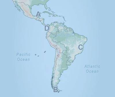 A geographical map of South America and part of North America. Parts of the map are labeled A, B, C