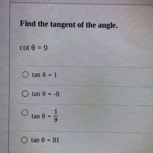 Find the tangent of the angle;
cot 0 =9