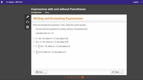 Write and evaluate the expression. Then, select the correct answer.

two less than the quotient of