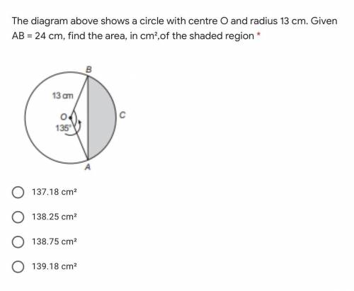 The diagram above shows a circle with centre O and radius 13 cm. Given AB = 24 cm, find the area, i