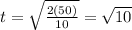 t = \sqrt{\frac{2(50)}{10}} = \sqrt{10}