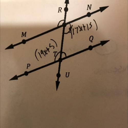 Consider the figure below where MN is parallel to PQ, angle PTS is equal to (19x +5) and angle NST