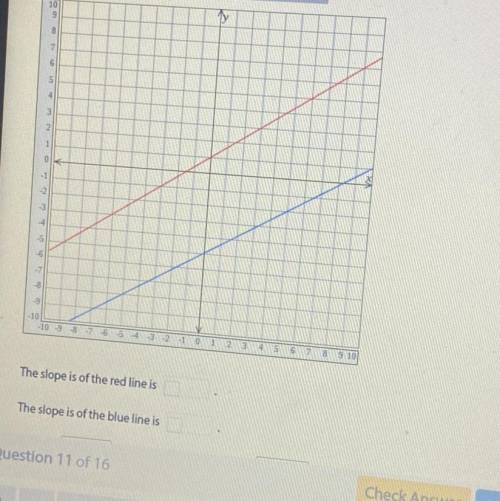 WHATS THE SLOPE OF THE RED LINE AND THE BLUE LINE?? and is the line parallel?? PLEASE I NEED THIS D
