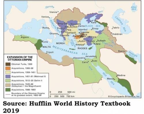 Write a detailed paragraph describing what the map tells us about
the Ottoman Empire.
