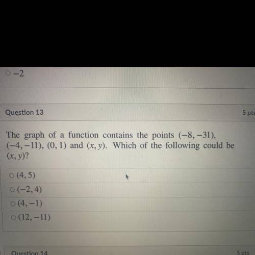 Question 13

5 pts
The graph of a function contains the points (-8, -31),
(-4, -11), (0, 1) and (x