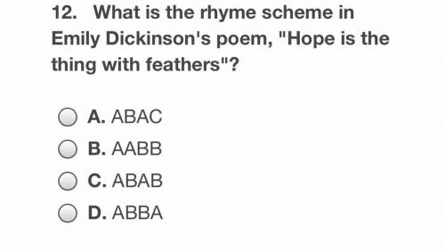 What is the rhyme scheme in Emily Dickinson’s poem, “Hope is the thing with feathers”?

It is NOT