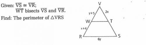 given: segment VS is congruent to segment VR, segment IT bisects segment VS and VR find:perimeter o