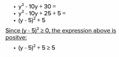 Prove that the value of the expersion y^2-10y+30 can only be a positive number

PLEASE ANSWER ASAP