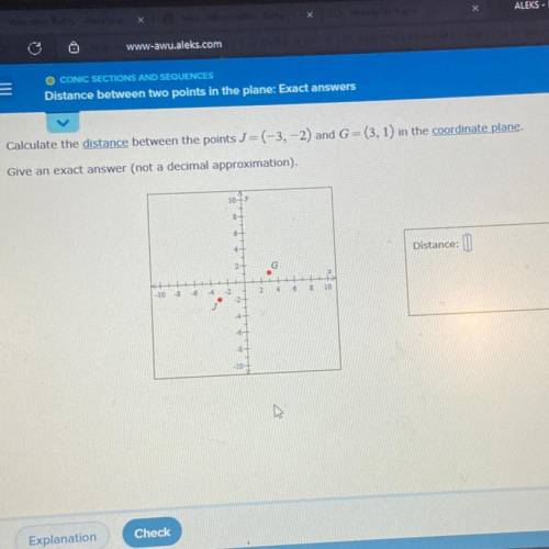 Calculate the distance between the points J=(-3, -2) and G=(3, 1) in the coordinate plane.

Give a
