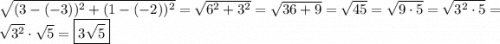 \sqrt{(3-(-3))^2+(1-(-2))^2}=\sqrt{6^2+3^2}=\sqrt{36+9}=\sqrt{45}=\sqrt{9\cdot 5}=\sqrt{3^2\cdot 5}=\sqrt{3^2}\cdot \sqrt{5}=\boxed{3\sqrt{5}}