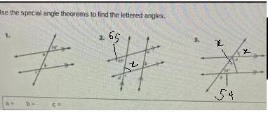 Use the special angle theorems to find the letters angles.