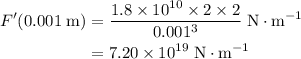 \begin{aligned}F^{\prime}({0.001\; \rm m}) &= \frac{1.8 \times 10^{10}\times 2 \times 2}{0.001^{3}}\; \rm N \cdot m^{-1} \\ &= 7.20 \times 10^{19}\; \rm N \cdot m^{-1} \end{aligned}