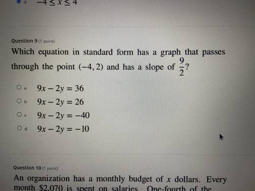 Which equation in standard form had a graph that passes through the point (-4, 2) and has a slope o