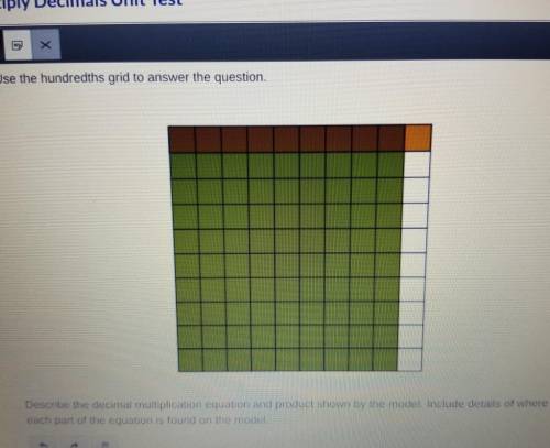 Use the hundredths grid to answer the question. Describe the decimal multiplication equation and pr