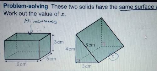 8 Problem-solving These two solids have the same surface area, Work out the value of x.