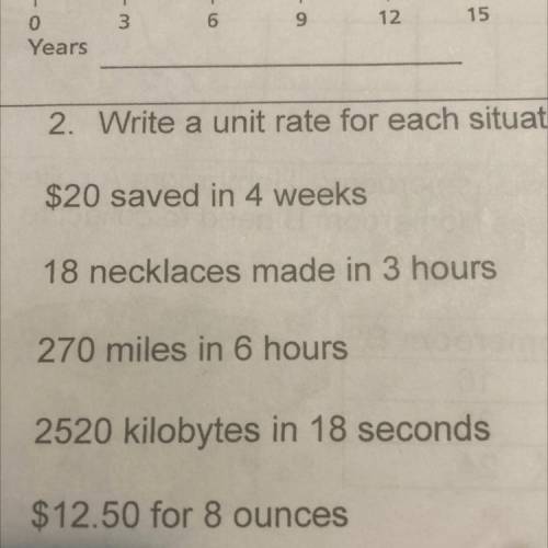 Write a unit rate for each situation . 20$ saved in 4 weeks