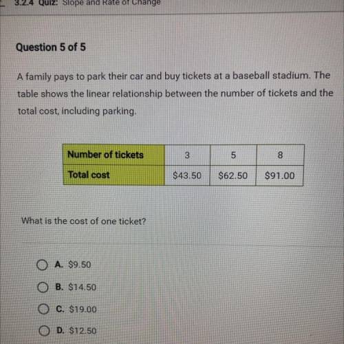 Question 5 of 5

A family pays to park their car and buy tickets at a baseball stadium. The
table
