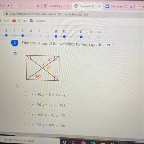 Find the values of the variables for each quadrilateral.
X°
y°
zº
36°