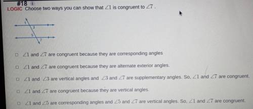 Choose two ways you can show that angle 1 is congruent to angle 7PLEASE HELP