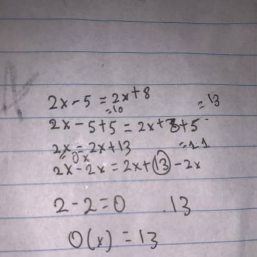 2x - 5 = 2x + 8 solving algebraically and graphically