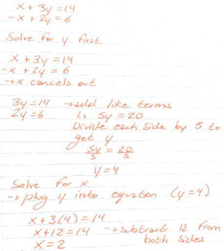 Solve the simultaneous equations x + 3 y = 14 − x + 2 y = 6